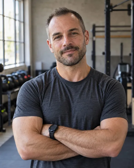 Anthony Marlon, coach sportif, sourire aux lèvres, bras croisés en t-shirt gris anthracite dans sa salle d’entraînement, devant des racks et des kettlebells